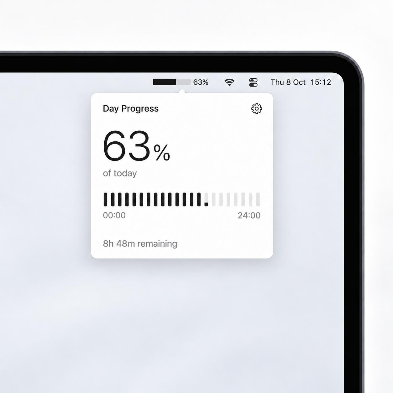 Product illustration of a Mac’s upper-right corner with Day Progress open beneath its menu bar indicator.